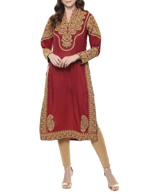 maroon embroidered cotton straight kurta - 14780468 - Very Small Image - 1