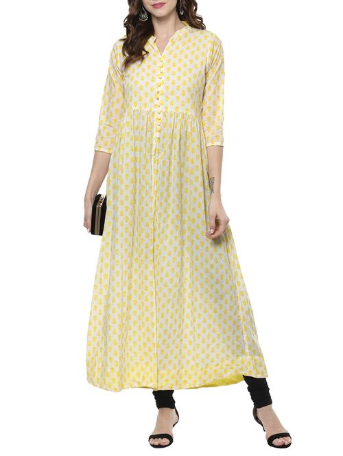yellow cotton flared kurta - 14780478 - Very Small Image - 1