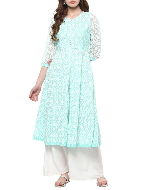 turquoise cotton anarkali kurta - 14780499 - Very Small Image - 1