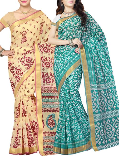 set of 2 multi colored printed saree with blouse - 14782055 - Very Small Image - 1