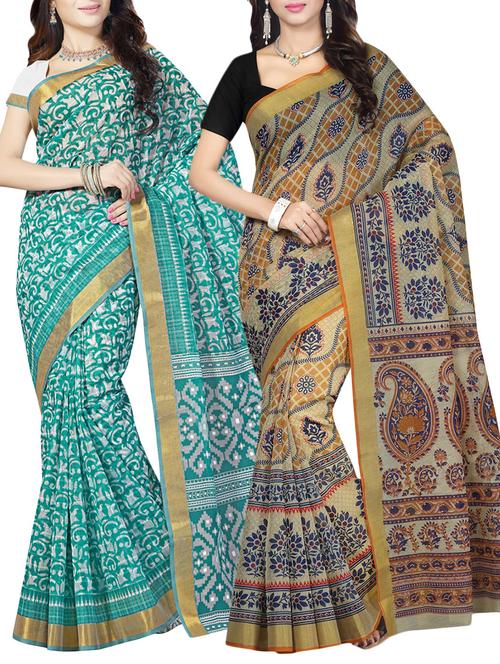 set of 2 multi colored printed saree with blouse - 14782056 - Very Small Image - 1