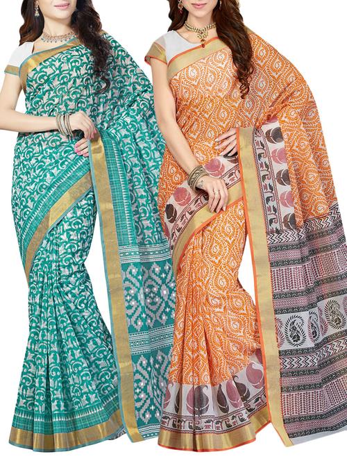 set of 2 multi colored printed saree with blouse - 14782062 - Very Small Image - 1