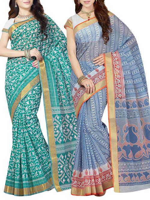 set of 2 multi colored printed saree with blouse - 14782064 - Very Small Image - 1