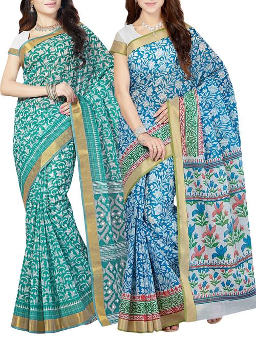 set of 2 multicolored cotton blend printed saree with blouse - 14782069 - Very Small Image - 1
