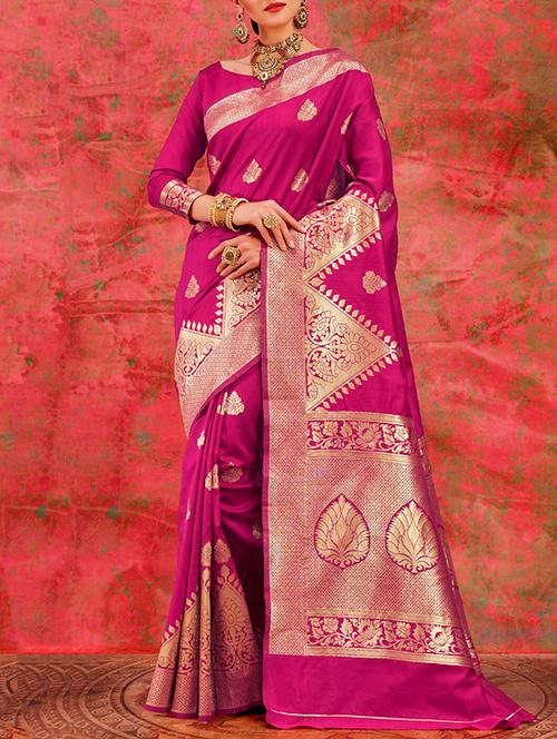 magenta silk blend kanjivaram saree with blouse - 14782315 - Very Small Image - 1