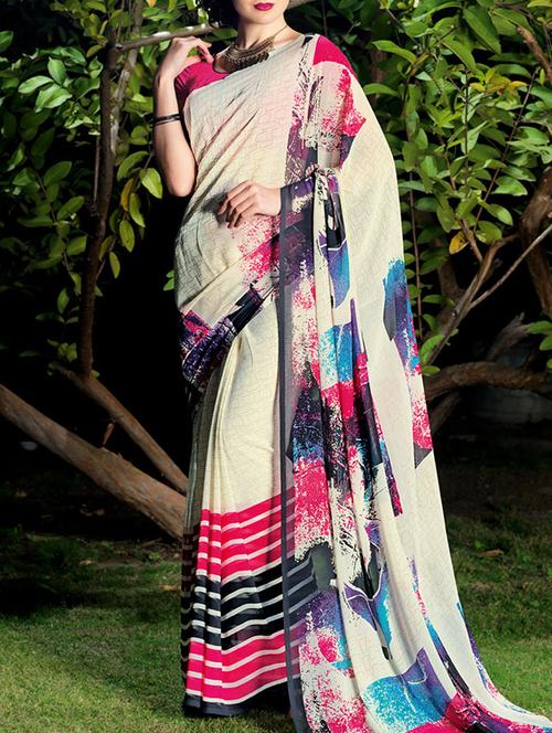cream georgette half & half saree with blouse - 14782323 - Very Small Image - 1