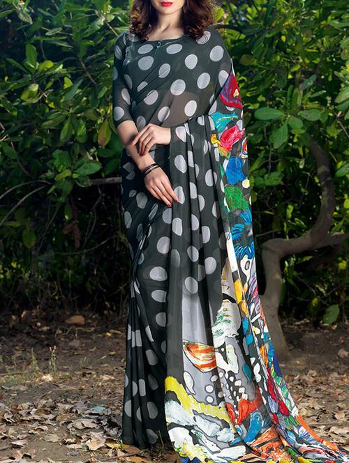 grey georgette printed saree with blouse - 14782331 - Very Small Image - 1