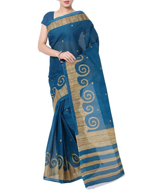 turquoise cotton printed saree with blouse - 14783210 - Very Small Image - 1