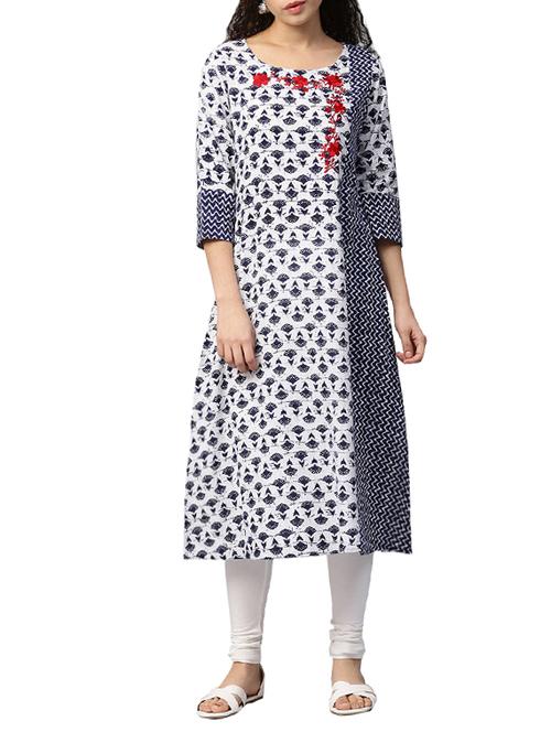 white & blue cotton straight kurta - 14783380 - Very Small Image - 1