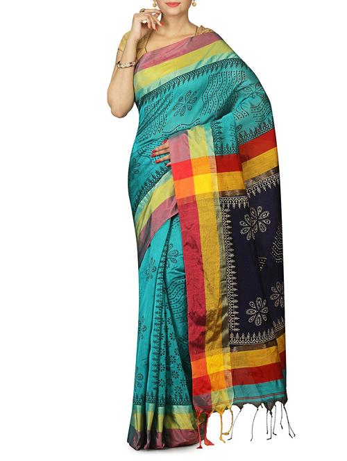 turquoise jute saree with blouse - 14784276 - Very Small Image - 1
