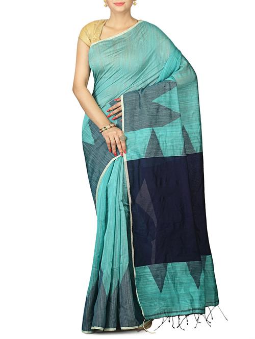 turquoise jute saree with blouse - 14784375 - Very Small Image - 1