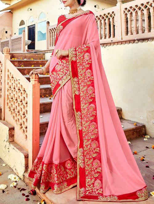 pink georgette embroidered saree with blouse - 14789677 - Very Small Image - 1