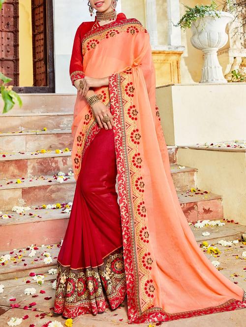 peach georgette half and half saree with blouse - 14789682 - Very Small Image - 1