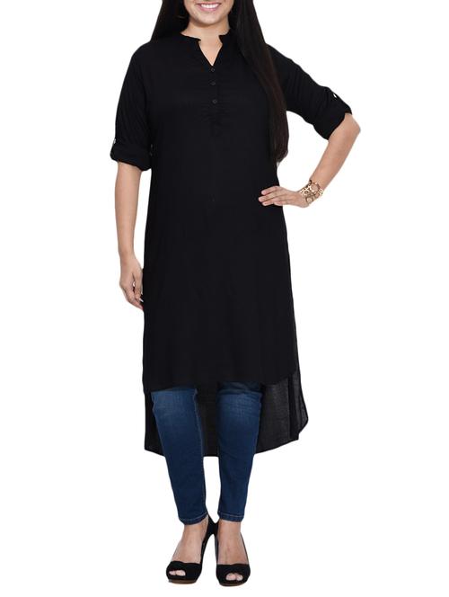 black rayon straight high-low solid kurta - 14789717 - Very Small Image - 1