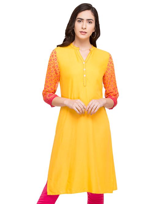 yellow rayon straight kurta - 14791743 - Very Small Image - 1