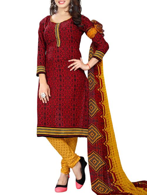 red cotton blend printed unstitched suit - 14791848 - Very Small Image - 1