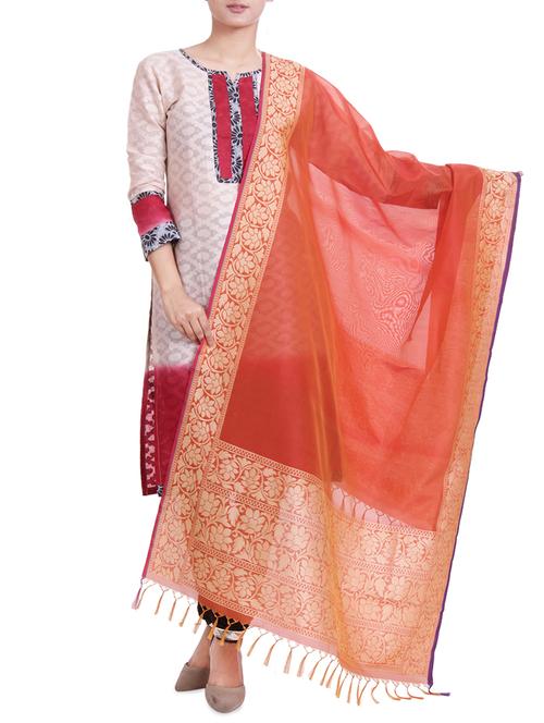 orange art silk banarasi dupatta - 14793588 - Very Small Image - 1