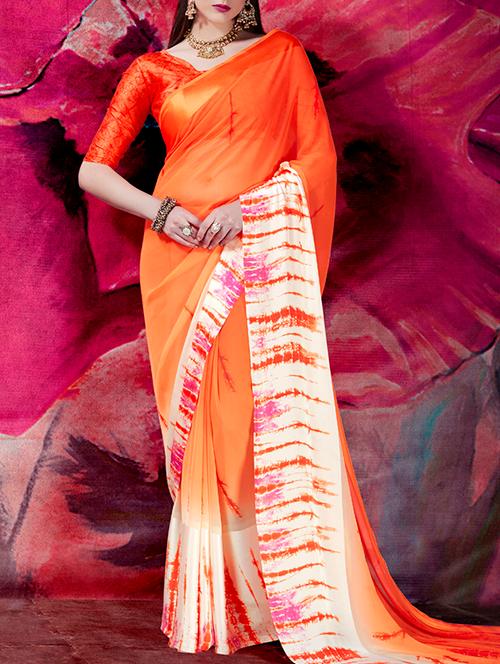 orange georgette printed saree with blouse - 14793973 - Very Small Image - 1