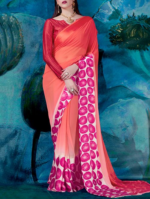 orange printed saree with blouse - 14793978 - Very Small Image - 1