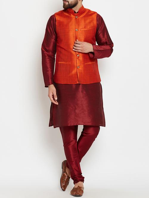 maroon and orange dupion ethnic wear set - 14794177 - Very Small Image - 1