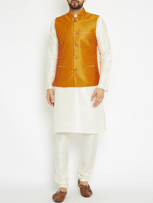 cream and mustard dupion ethnic wear set - 14794206 - Very Small Image - 1