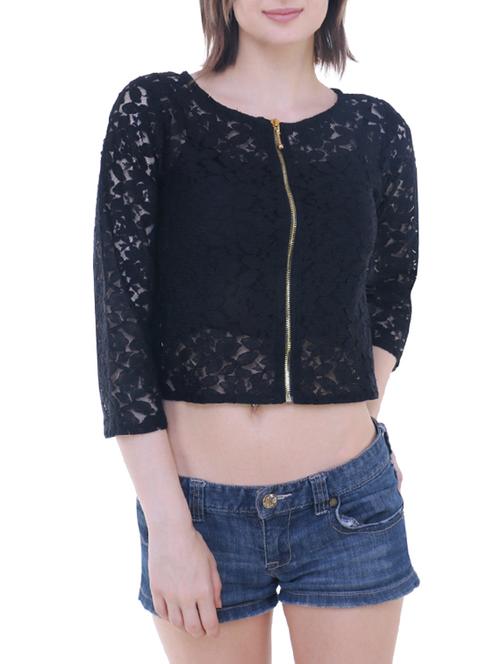 floral lace zip up crop top - 14794718 - Very Small Image - 1