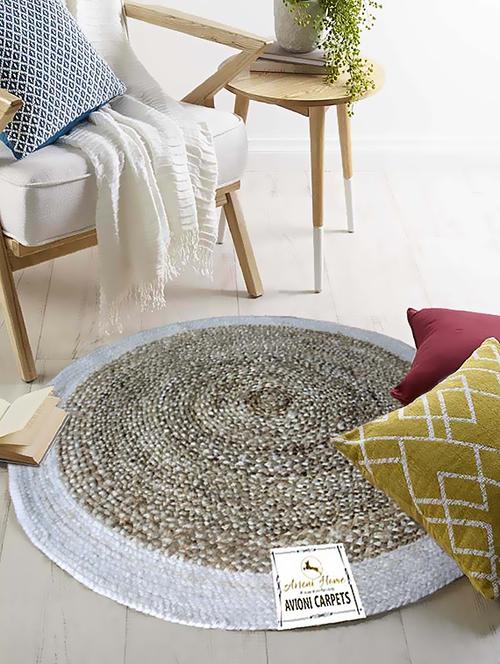 jute braided area rug 4 feet round with green border, handmade by skilled artisans, 100% natural ecofriendly - 14795215 - Very Small Image - 1