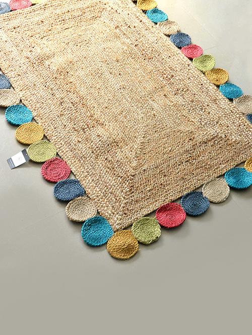 jute braided area rug, handmade by skilled artisans, 100% natural with colored border rounds, reversible-4x6 feet - 14795229 - Very Small Image - 1