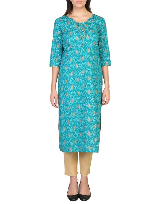 sky blue cotton straight kurta - 14796026 - Very Small Image - 1