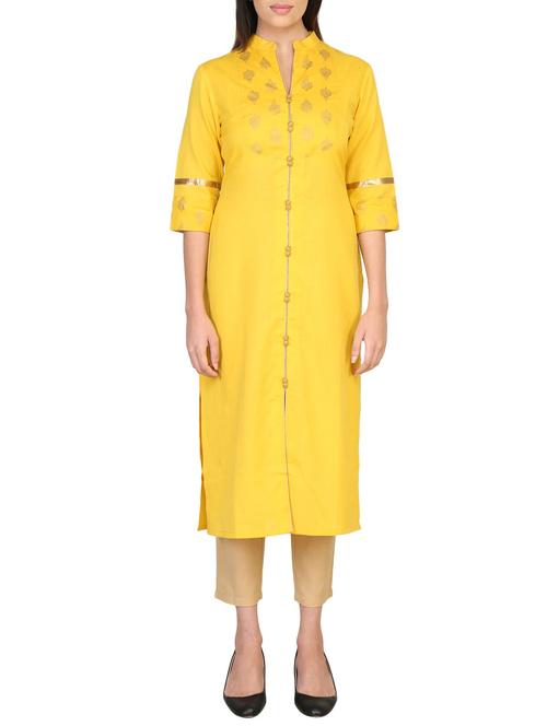 yellow cotton straight kurta - 14796029 - Very Small Image - 1