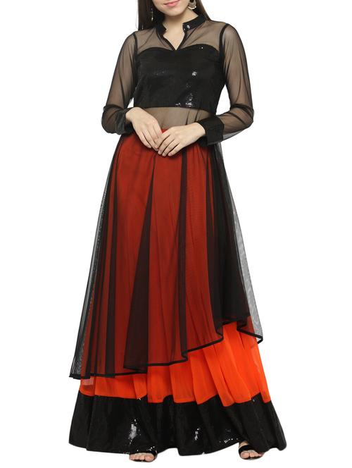 orange georgette & net kurta skirt set - 14800008 - Very Small Image - 1