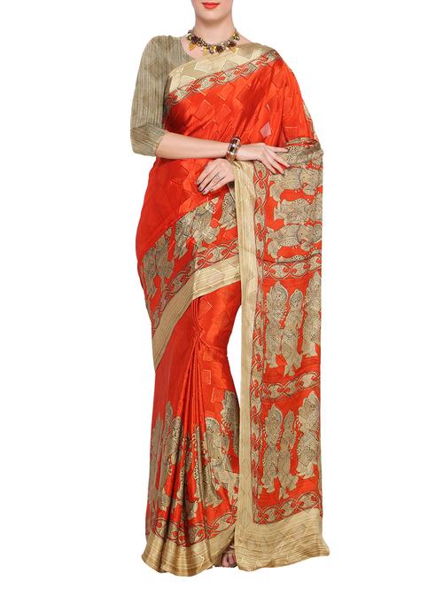 orange printed saree with blouse - 14800224 - Very Small Image - 1