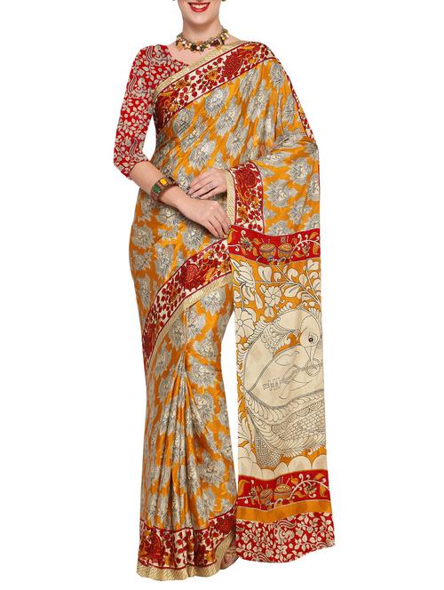 yellow printed saree with blouse - 14800238 - Very Small Image - 1