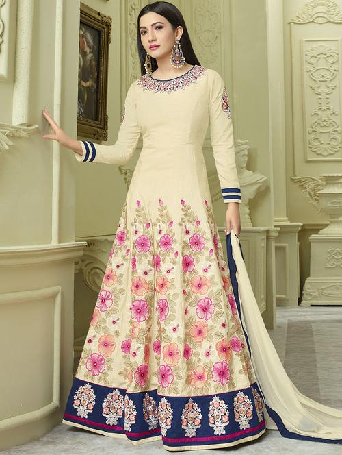 beige silk semi-stitched embroidered anarkali suit - 14801564 - Very Small Image - 1