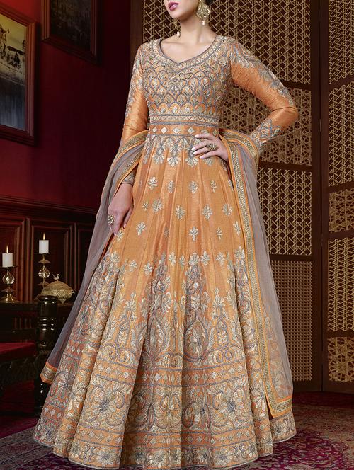 orange silk semi-stitched anarkali suit - 14801580 - Very Small Image - 1