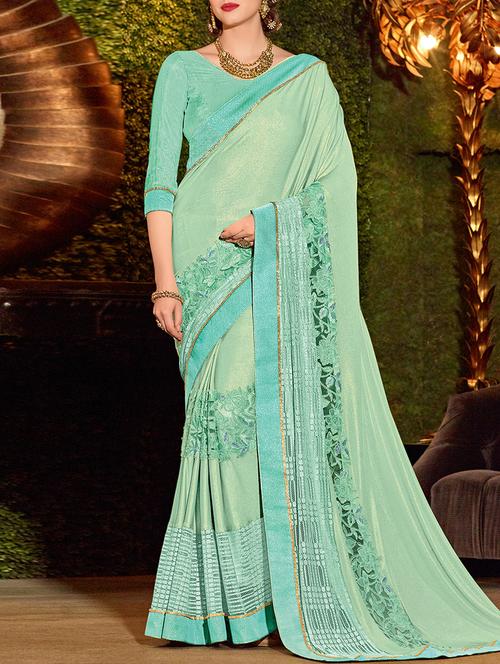 turquoise spandex blend embroidered saree with blouse - 14804674 - Very Small Image - 1