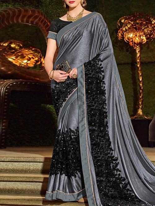 grey spandex blend embroidered saree with blouse - 14804675 - Very Small Image - 1