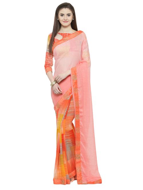 orange printed saree with blouse - 14806987 - Very Small Image - 1