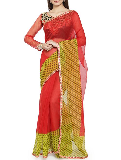 women's geometric red colored saree with blouse - 14807033 - Very Small Image - 1