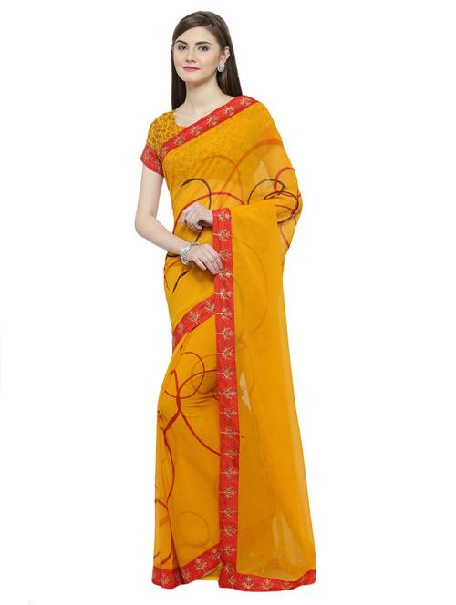yellow georgette printed saree with blouse - 14807064 - Very Small Image - 1