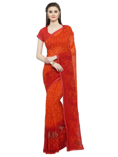 orange georgette printed saree with blouse - 14807094 - Very Small Image - 1