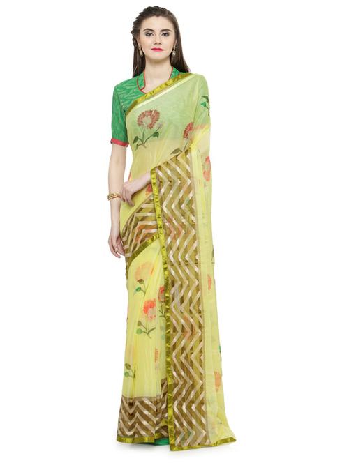 yellow georgette printed saree with blouse - 14807105 - Very Small Image - 1