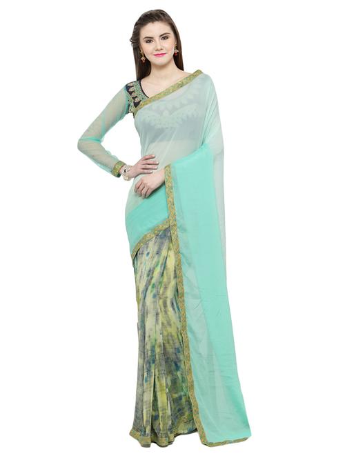 turquoise georgette printed saree with blouse - 14807121 - Very Small Image - 1