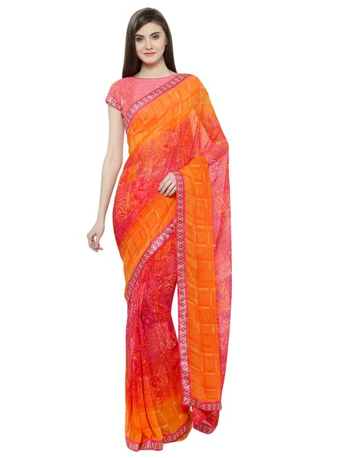 orange georgette printed saree with blouse - 14807133 - Very Small Image - 1