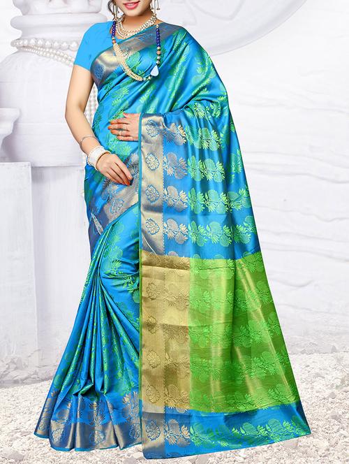 sky blue silk blend kanjivaram saree with blouse - 14807814 - Very Small Image - 1