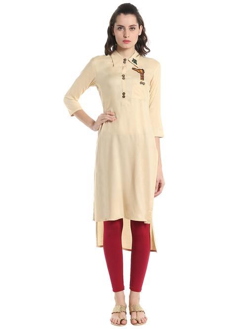 beige rayon high-low kurta - 14810032 - Very Small Image - 1