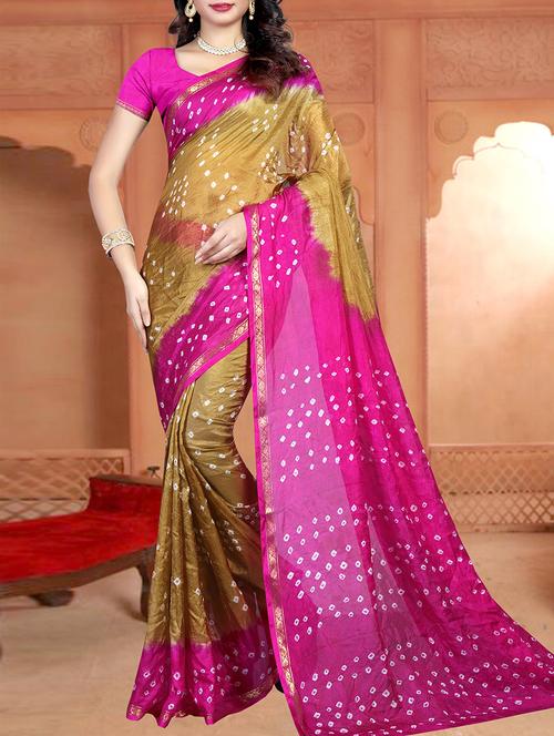 brown tussar silk bandhani saree with blouse - 14810728 - Very Small Image - 1