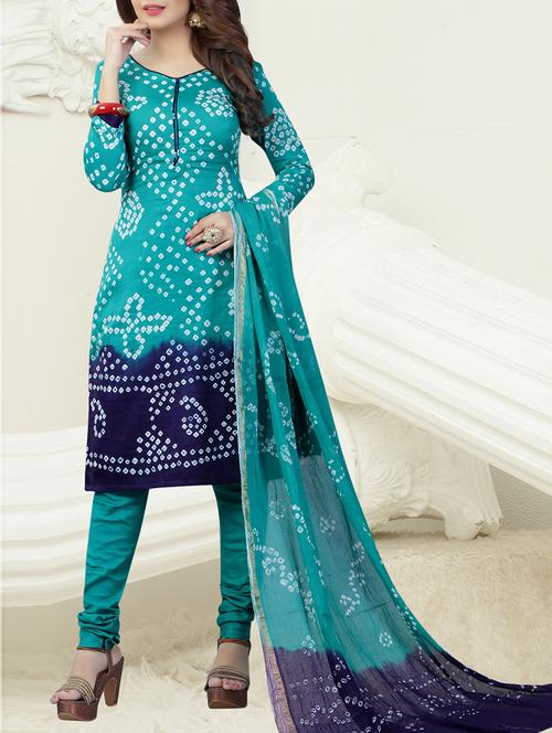 turquoise bandhani unstitched churidaar suit - 14811326 - Very Small Image - 1