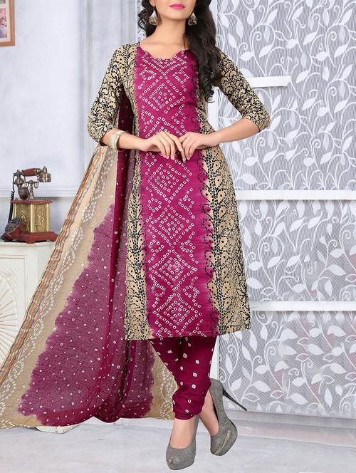 pink bandhani unstitched churidaar suit - 14811341 - Very Small Image - 1