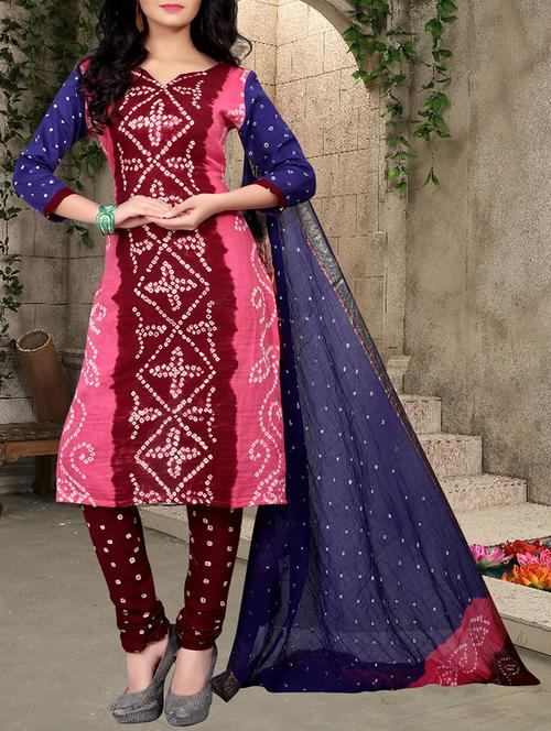 maroon bandhani unstitched churidaar suit - 14811363 - Very Small Image - 1